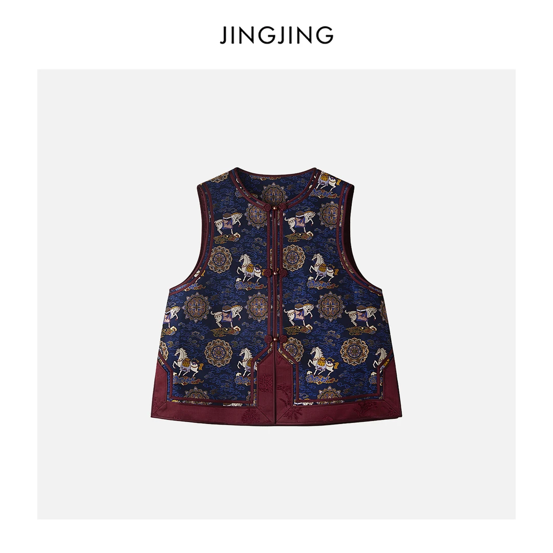 JINGJING2025新款“马上有财”钱小萍漳绒缎宝相花桑蚕丝中式马甲