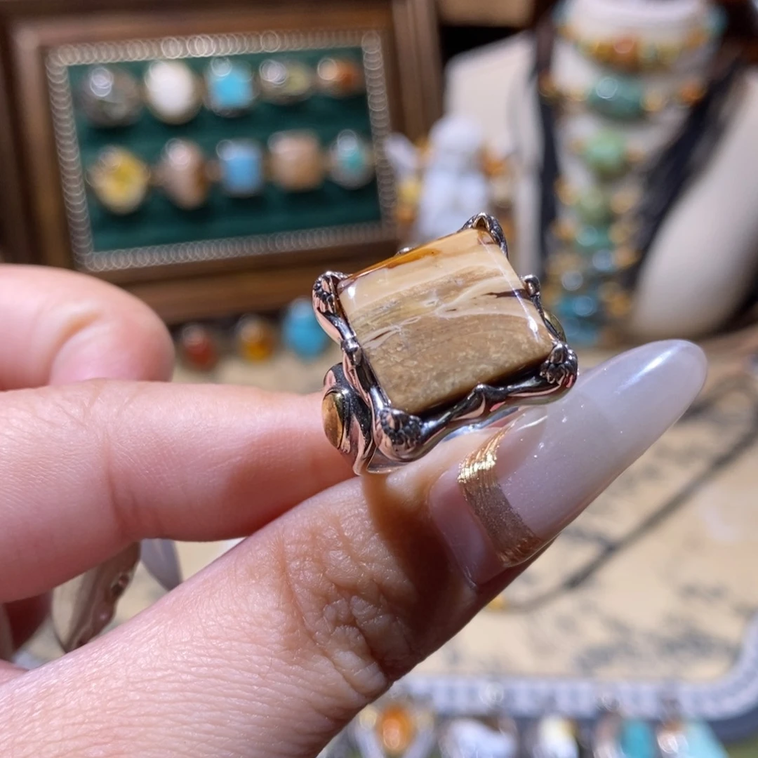 琥珀银S925镶嵌戒指戒指