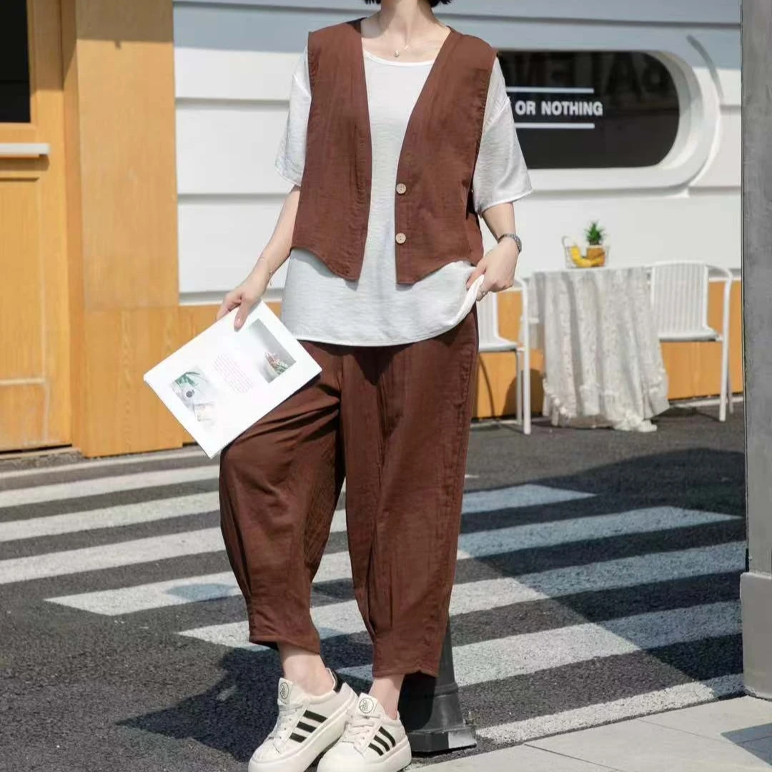 夏季时尚休闲宽松女士马甲短袖三件套套裤