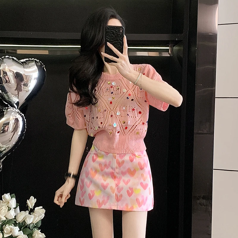 网红炸街时尚休闲套装女夏装镂空针织短袖上衣短裙碎花半裙两件套