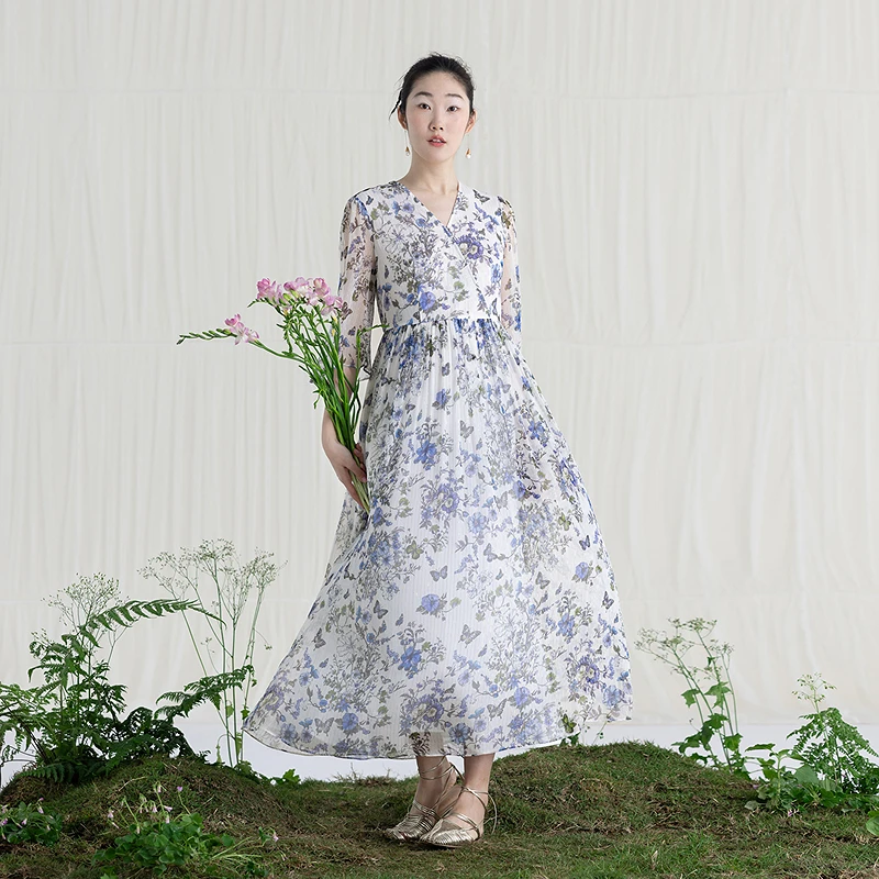 生活在左2025金丝顺纡绉桑蚕丝连衣裙印花修身花仙子长裙1952048