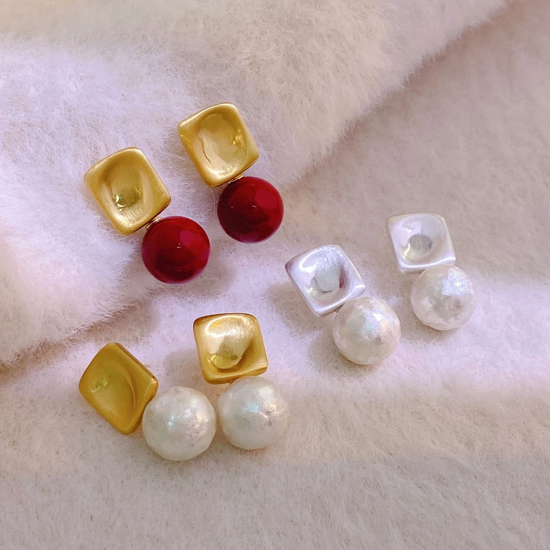 合金耳饰 铜镀真金几何金属哑光拉丝棉花珠耳环法式复古时尚耳钉