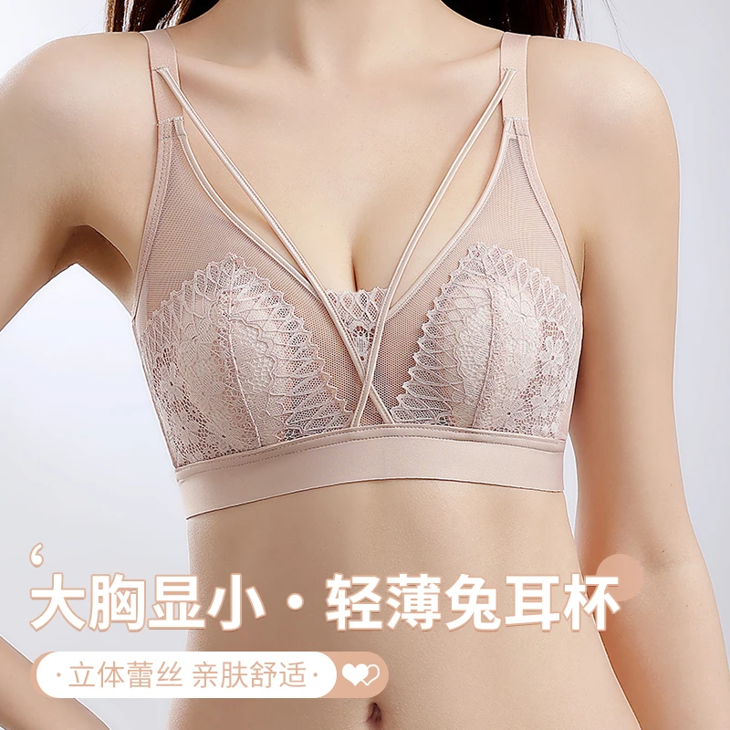 内衣女薄款夏季透气性感蕾丝美背大胸显小胸兔耳朵文胸罩超薄款夏