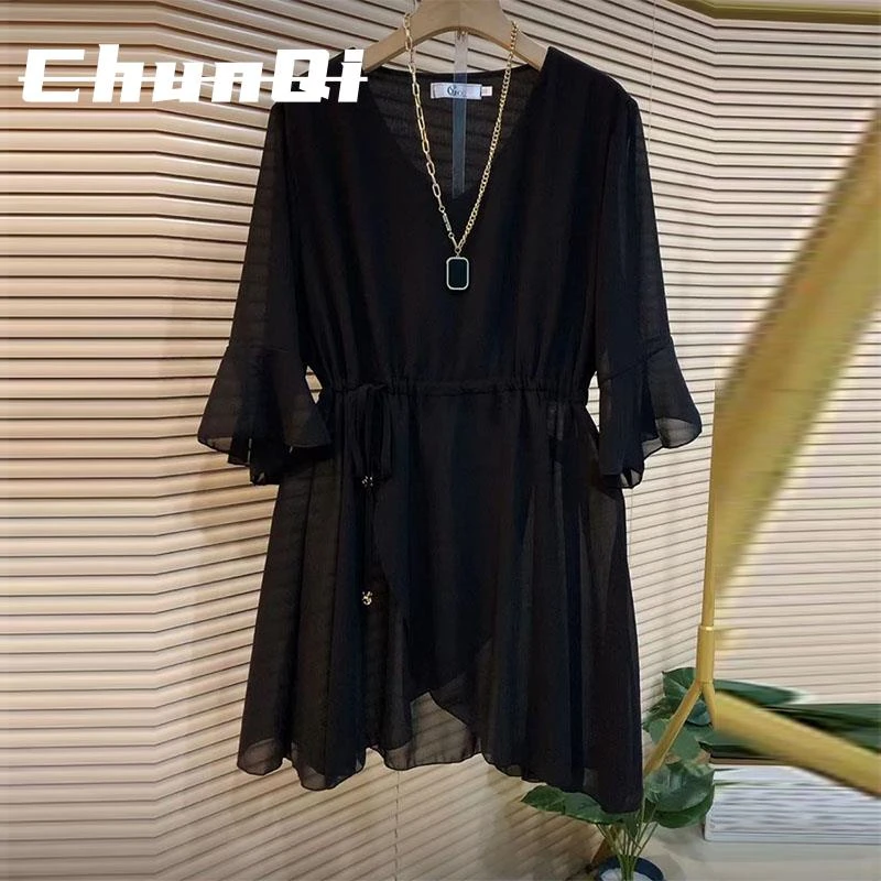 淳启新款中长款雪纺衫女夏装妈妈时尚洋气上衣大码遮肚子打底小衫