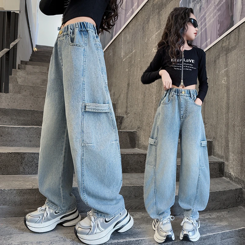 休闲风2025春季新款松紧带女童牛仔裤牛仔裤百搭宽松阔腿弯刀裤