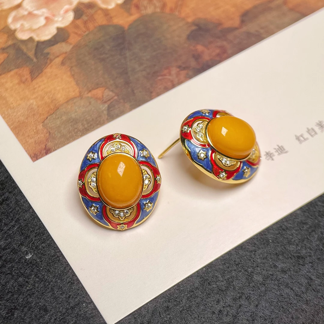 天然原款蜜蜡烧蓝耳钉S925银镶嵌气质复古