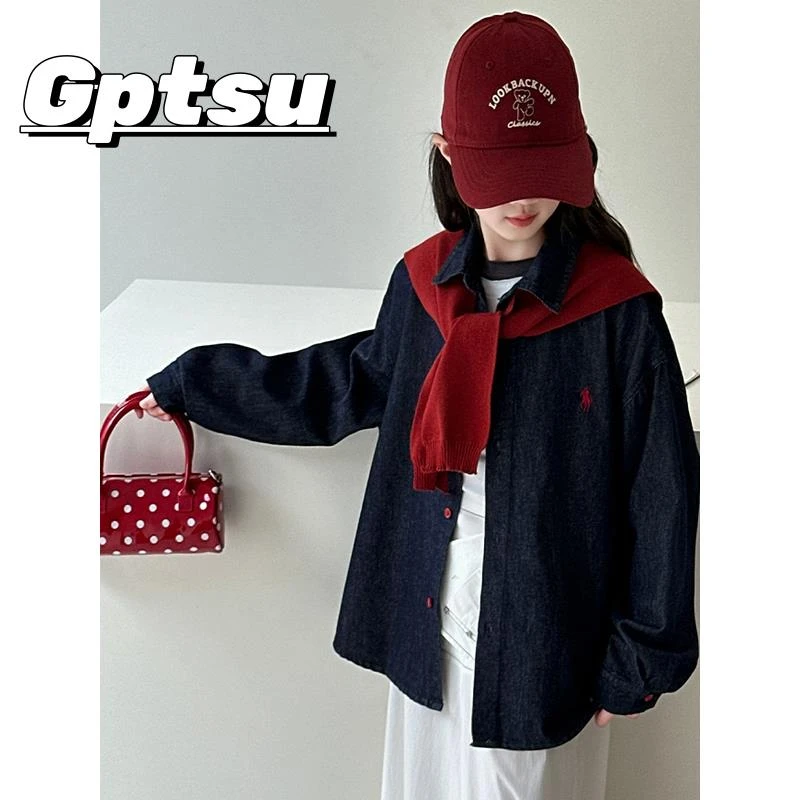 GPTSu女童春秋外套2025新款韩版洋气儿童披肩牛仔衬衫中大童上衣