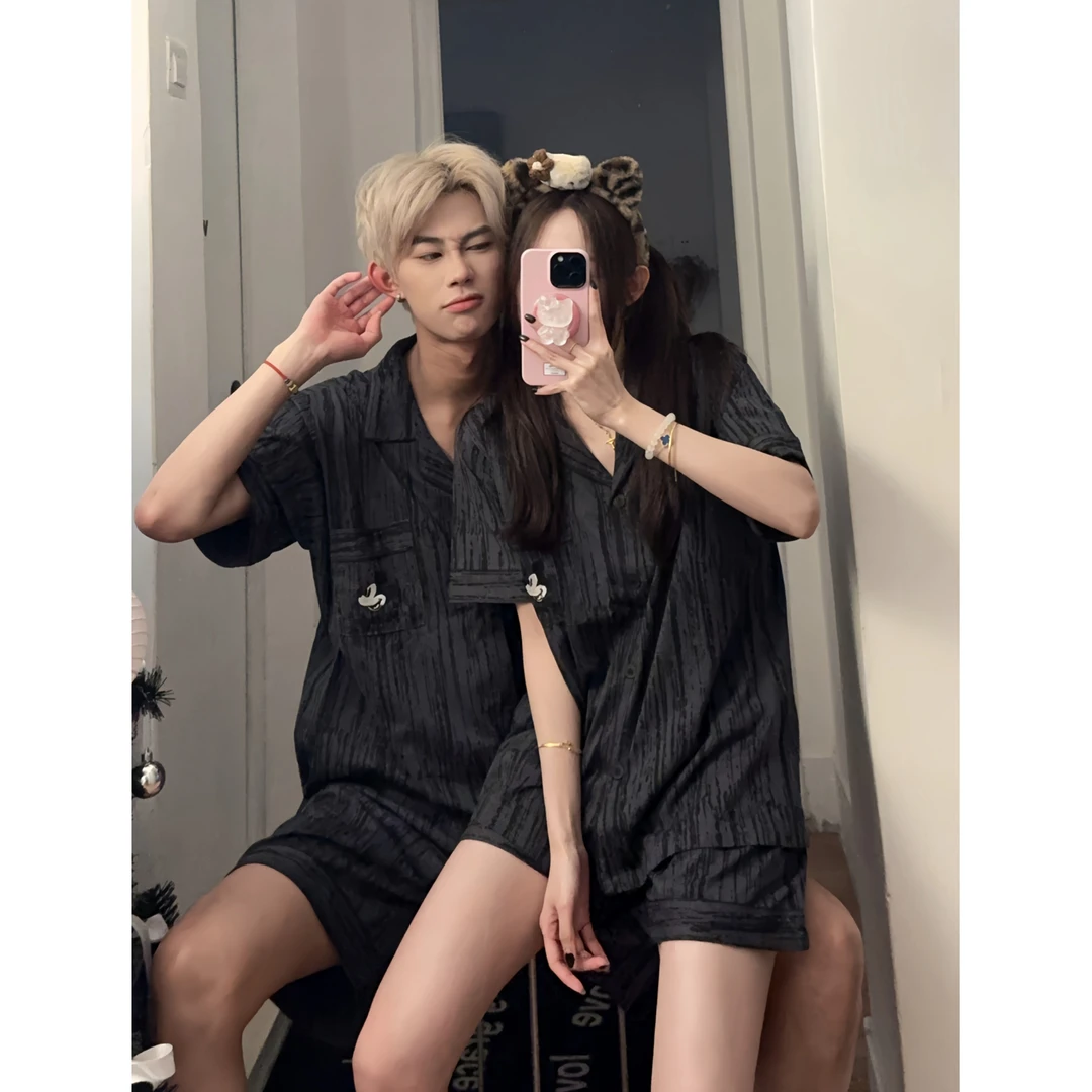 日系情侣条纹米奇睡衣女夏季短袖纯棉可爱卡通宽松休闲印花家居服