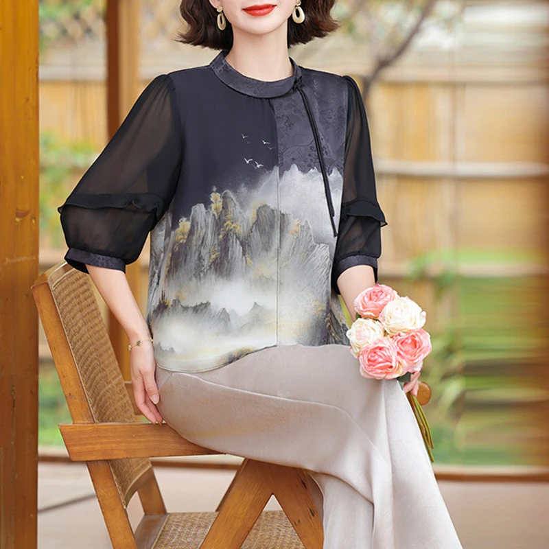 中年妈妈春夏新中式上衣服套装2025新款洋气中老年女装国风两件套