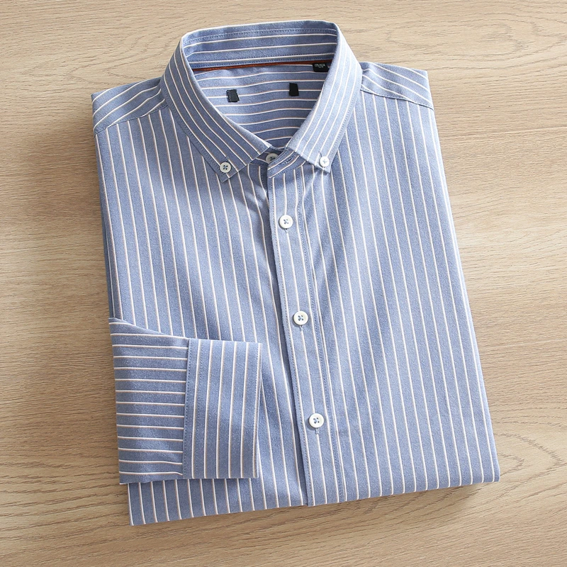 100棉牛津纺挺括蓝灰竖条纹衬衫男款长袖纯棉春秋季休闲衬衣