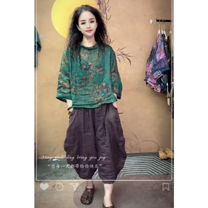 欧洲站2025夏季新款洋气百搭宽松印花麻衫高腰纯色阔腿裤两件套