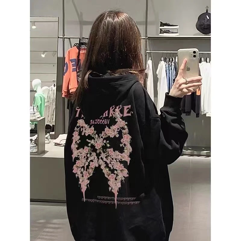 小天使蝴蝶玫瑰卡通印花落肩男女款圆领情侣连帽加绒卫衣秋冬上衣