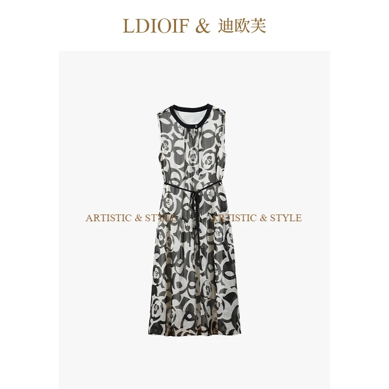 经典山茶花印染/丝滑乔其纱圆领绑带背心连衣裙#XLQ18612