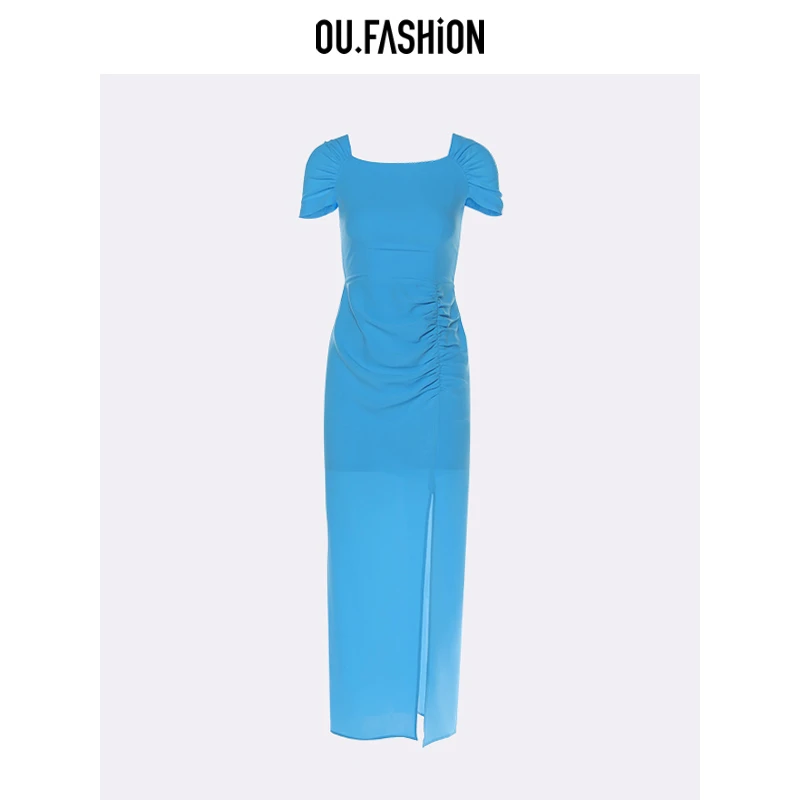 OU.FASHION/欧点方领简约通勤醋酸料收腰开叉连衣裙1122420187