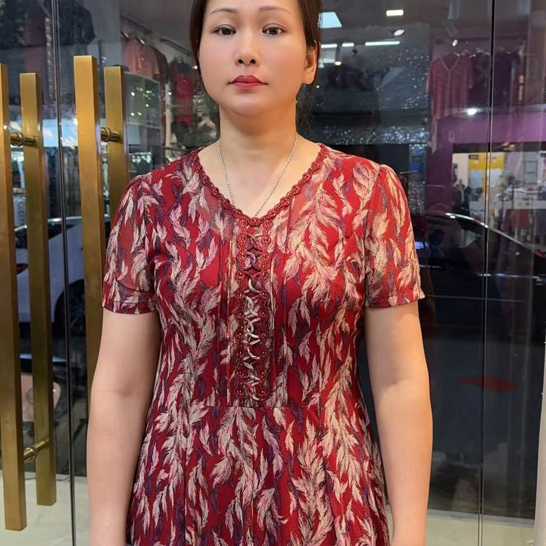 夏季短袖高腰显瘦台湾纱中长款碎花妈妈装连衣裙