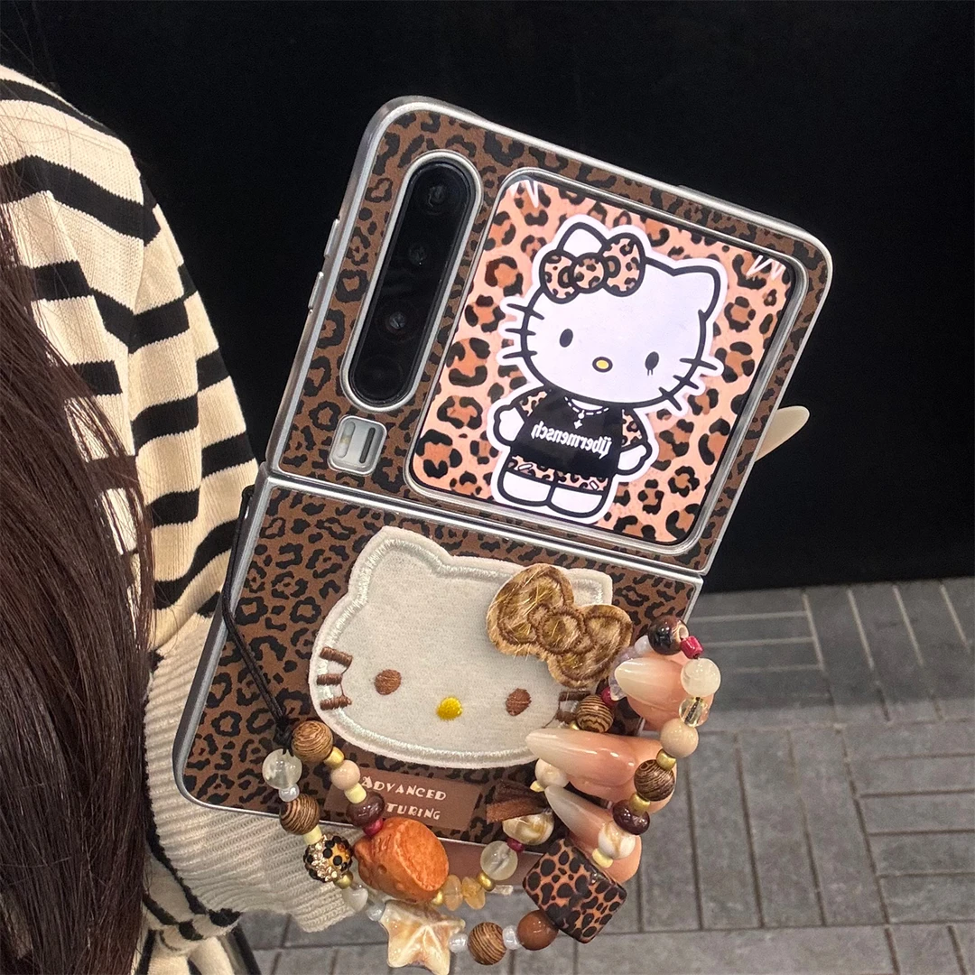 适用华为purax折叠屏手机壳棕色皮质pocket2豹纹立体绒布kt猫链条