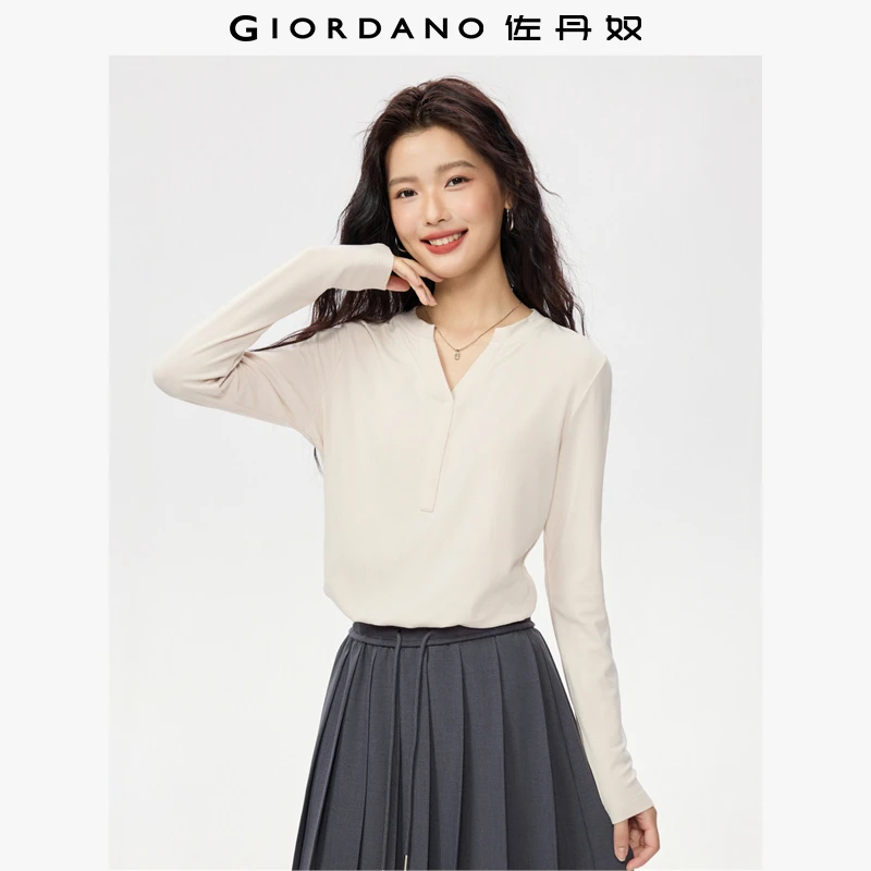 佐丹奴T恤女装秋新款纯色小V领收腰弹力百搭长袖T恤 05325797