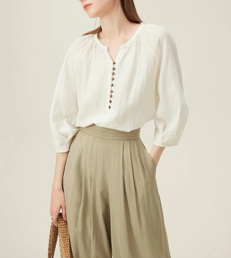 法式亚麻衬衫女夏款七分袖气质通勤上衣宽松慵懒风25新款休闲衬衫