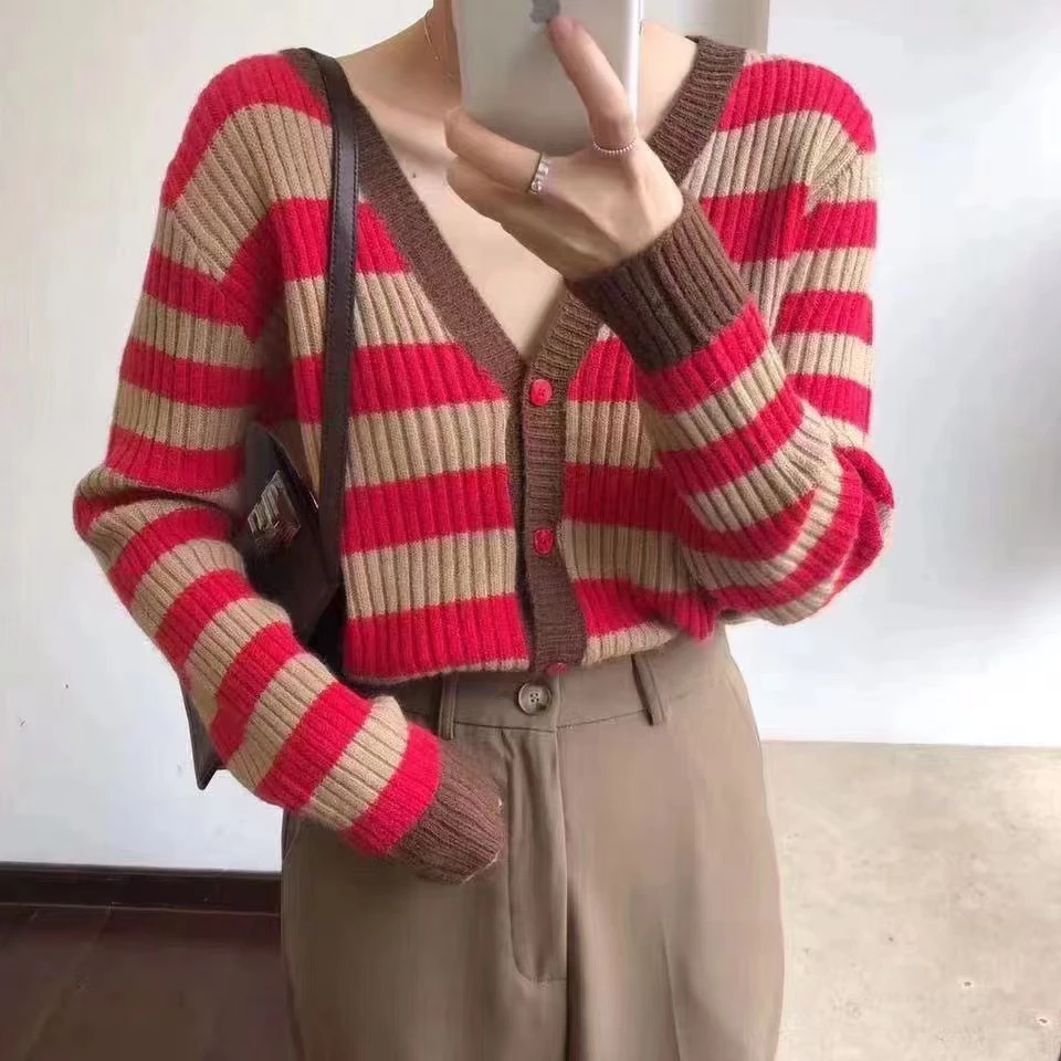 2057 早秋穿搭上衣咖色条纹针织开衫外套慵懒风高级感毛衣女秋冬