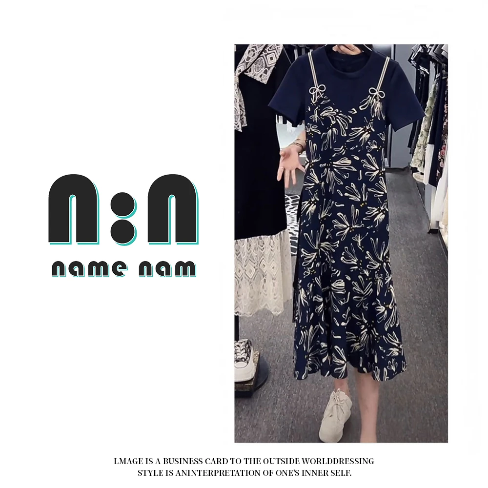 夏季新款小众高级设计感拼接假两件重工蝴蝶结气质中长连衣裙7401