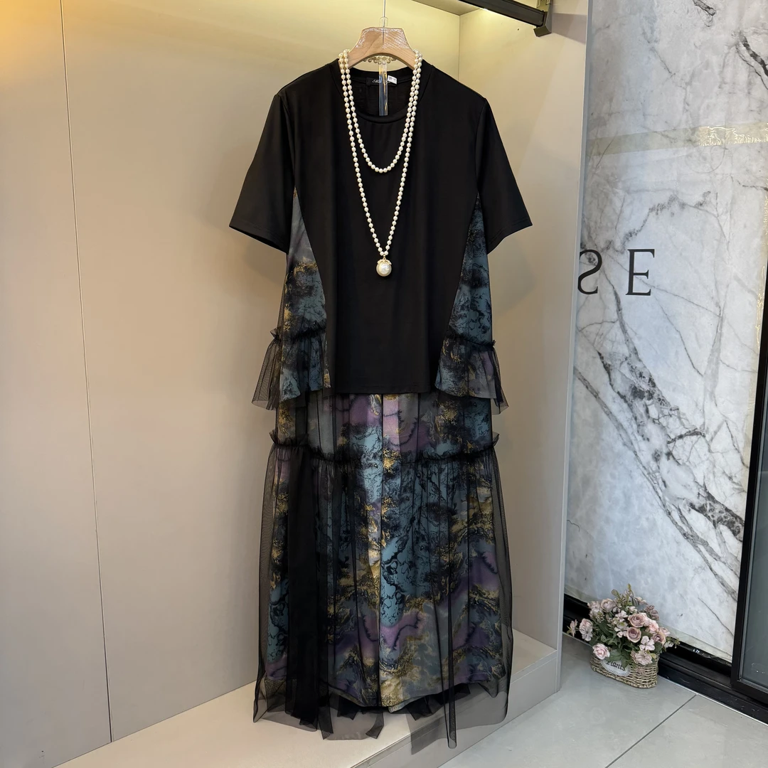 2025欧洲站印花欧根纱拼接宽松版上衣+欧根纱阔腿裤裙两件套2509