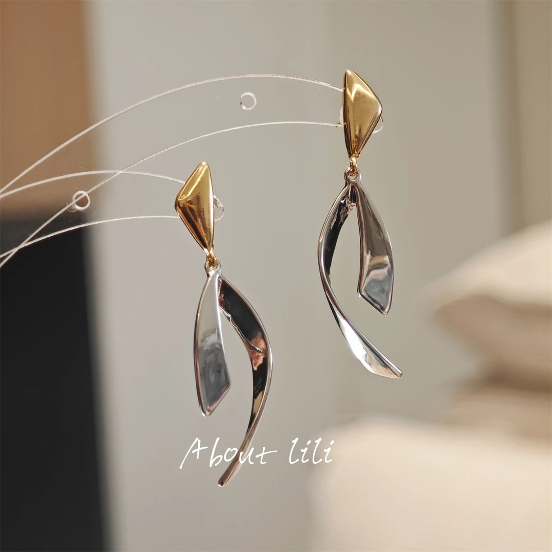 铜合金耳饰 银羽环/小众设计长款耳环轻奢高级感金银碰撞夸张耳钉