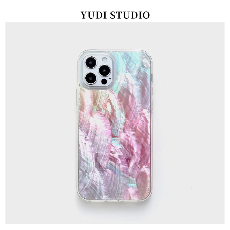 粉色蓝紫渐变原创适用苹果15Pro天然贝母贝壳仙气闪闪手机壳华为