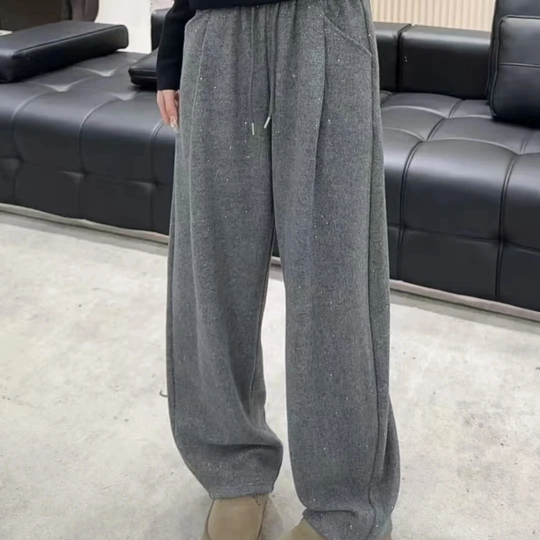 【银河】B撒银工艺冬手加绒加厚高腰抽绳显瘦意刀裤