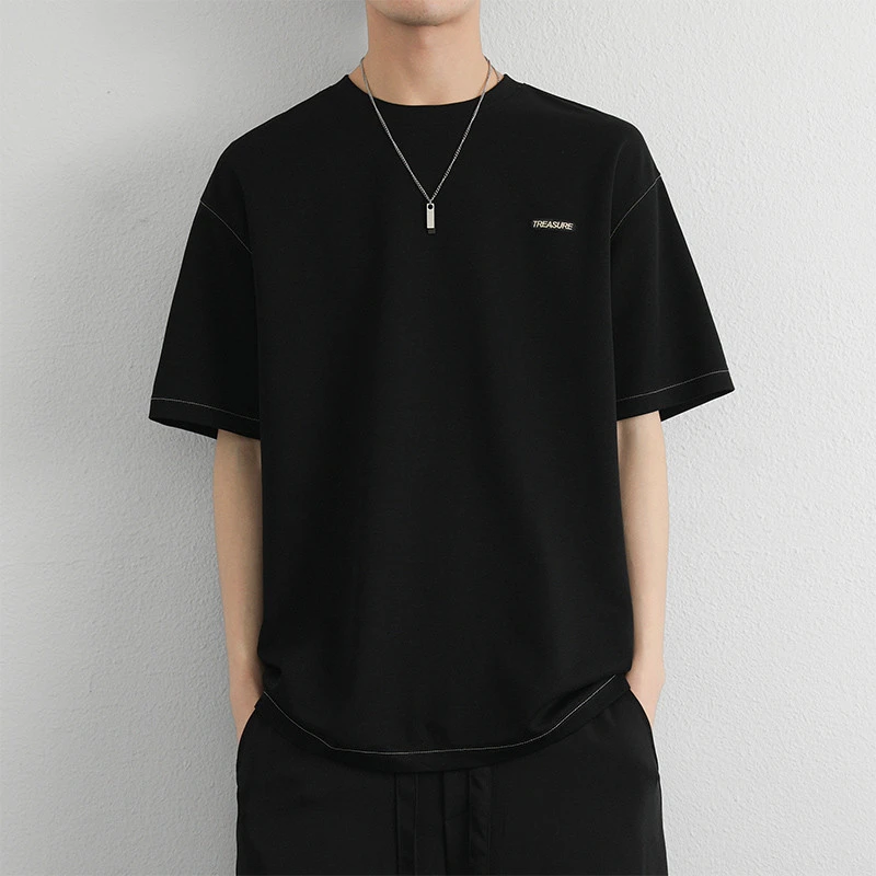 夏季黑色男生短袖新款潮流潮牌宽松简约刺绣T恤男凉感半袖