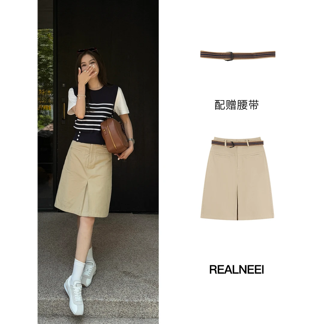 [中古书屋]“99进口棉”极简风亲肤显瘦带腰带A字短裙21641