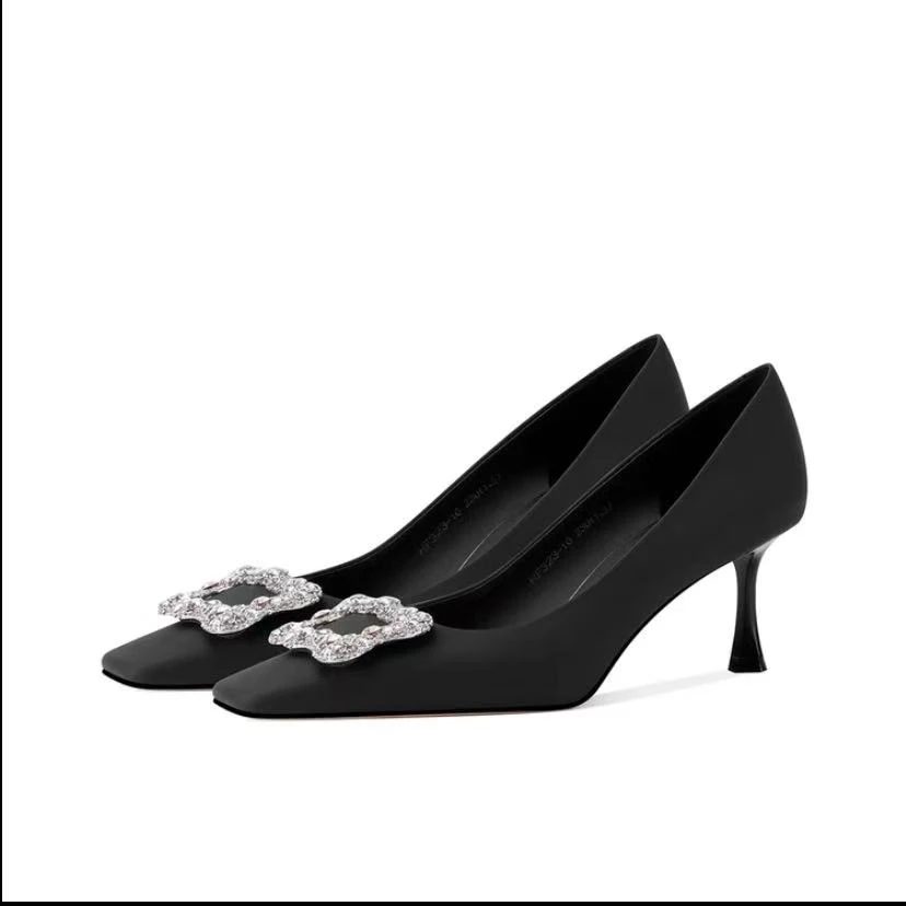 C3142 黑色 高端时尚方头气质细高跟浅口女单鞋