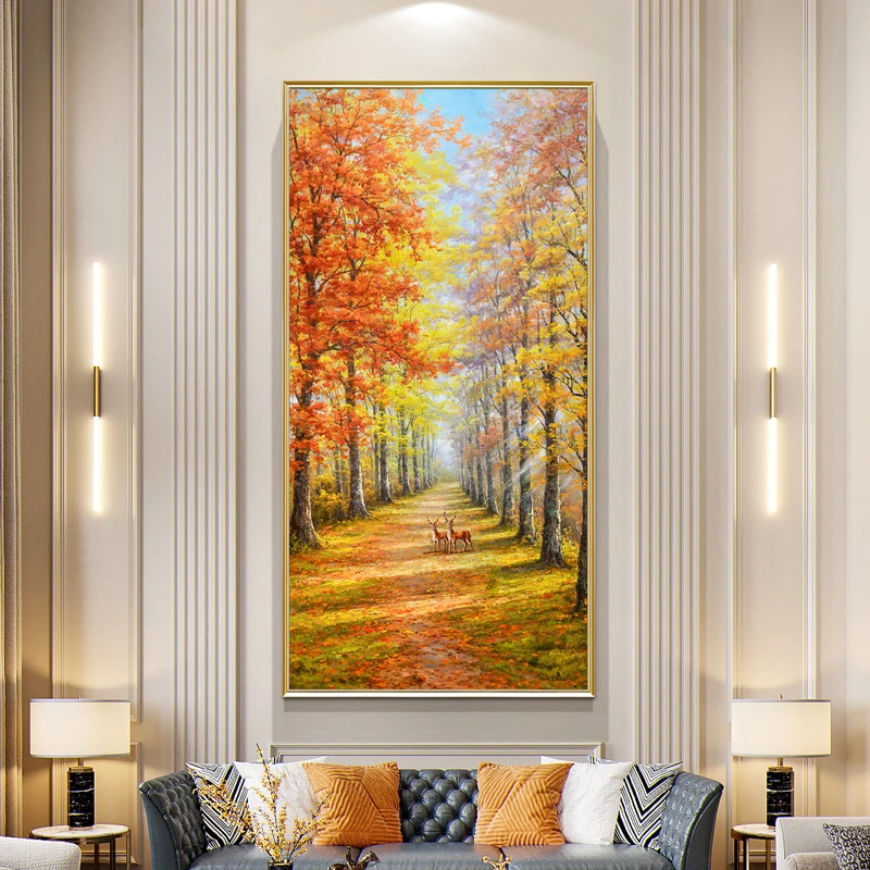 入户玄关装饰画现代简约树林小鹿手绘油画走廊过道挂画黄金大道