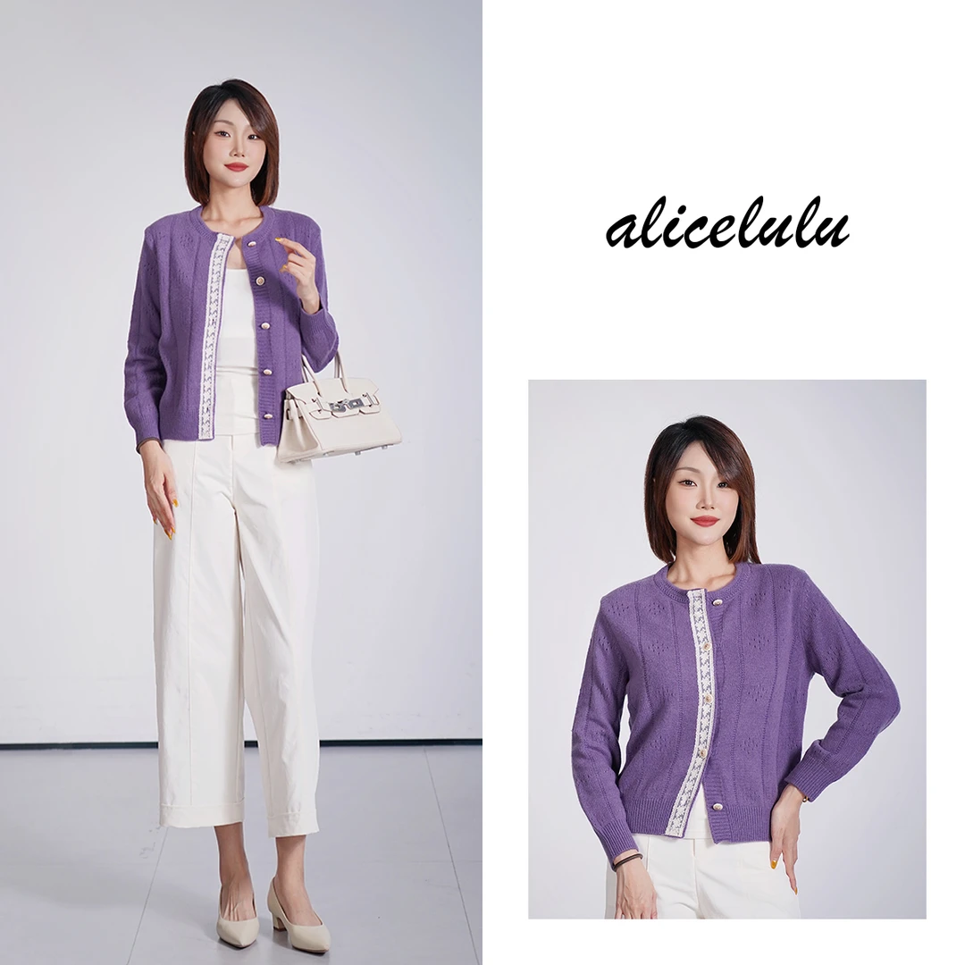 [alicelulu]ins风韩版时尚圆领拼接蕾丝针织开衫S2144833K