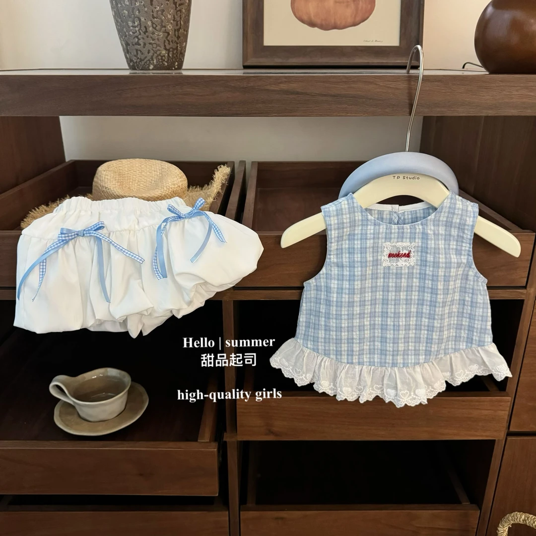【甜品起司】女童蓝格子背心上衣甜美可爱仙女蝴蝶结花苞裤裙两件套