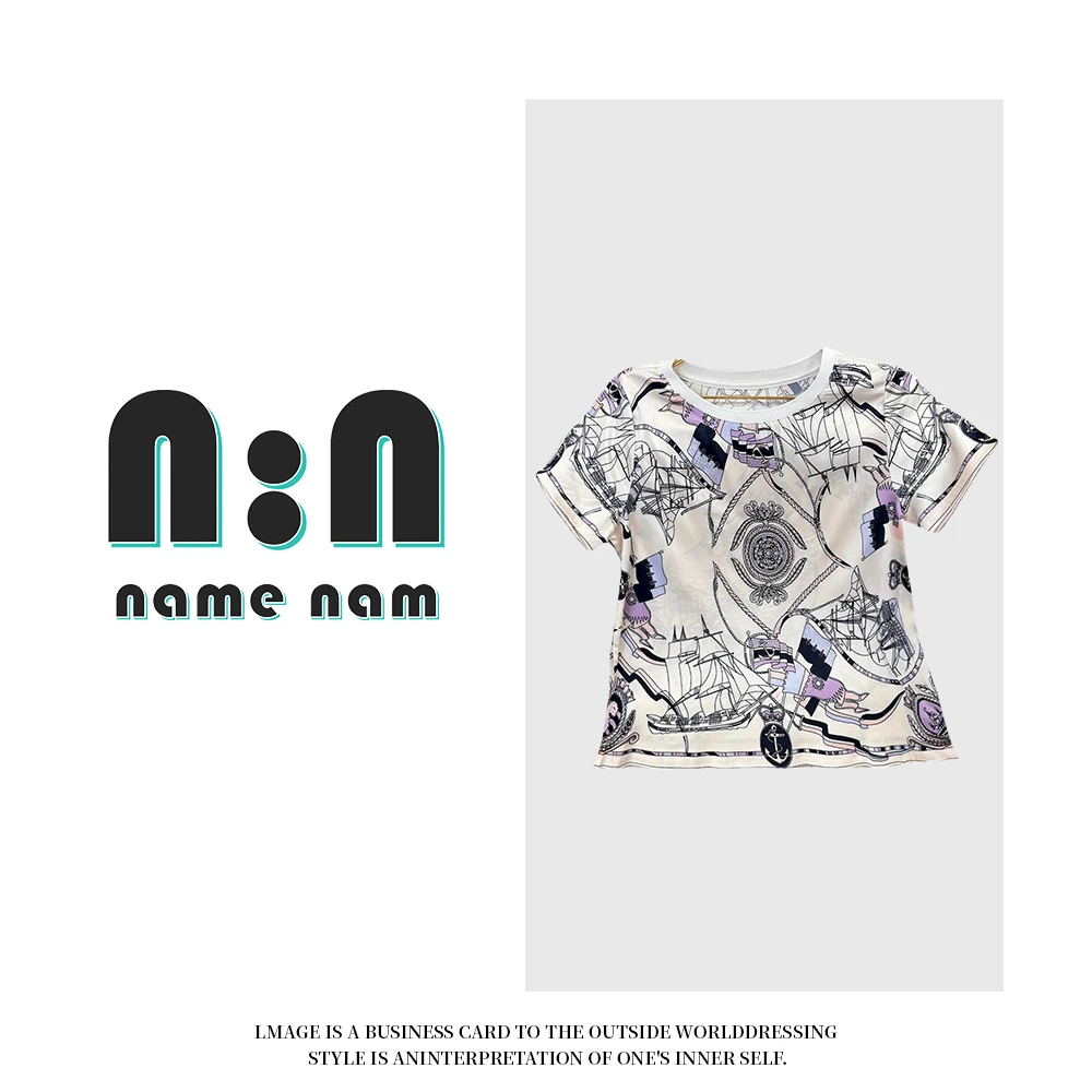 【楠姐奢品】‘’扬帆远航‘’烫钻桑蚕丝上衣 高端欧货印花短袖T恤女