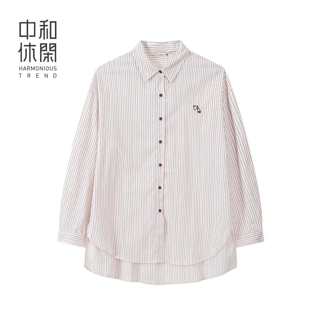 中和休闲翻领条纹长袖衬衫女2025秋季新款刺绣简约通勤上衣纯棉