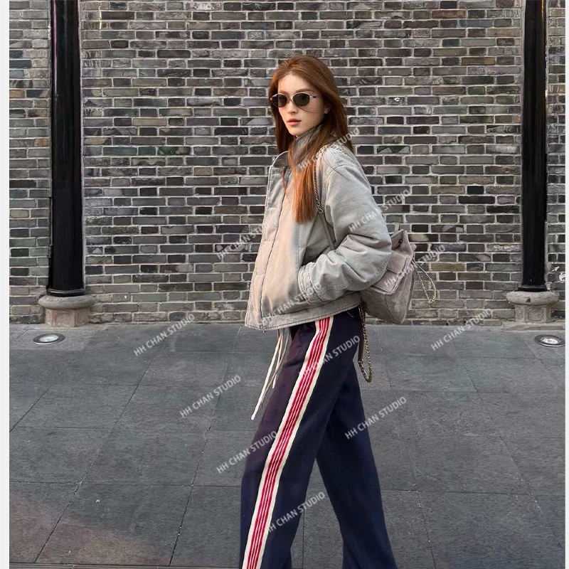 HH.CHAN“单恋高校”藏青撞色红条抽绳休闲直筒卫裤HH55S41920-张张