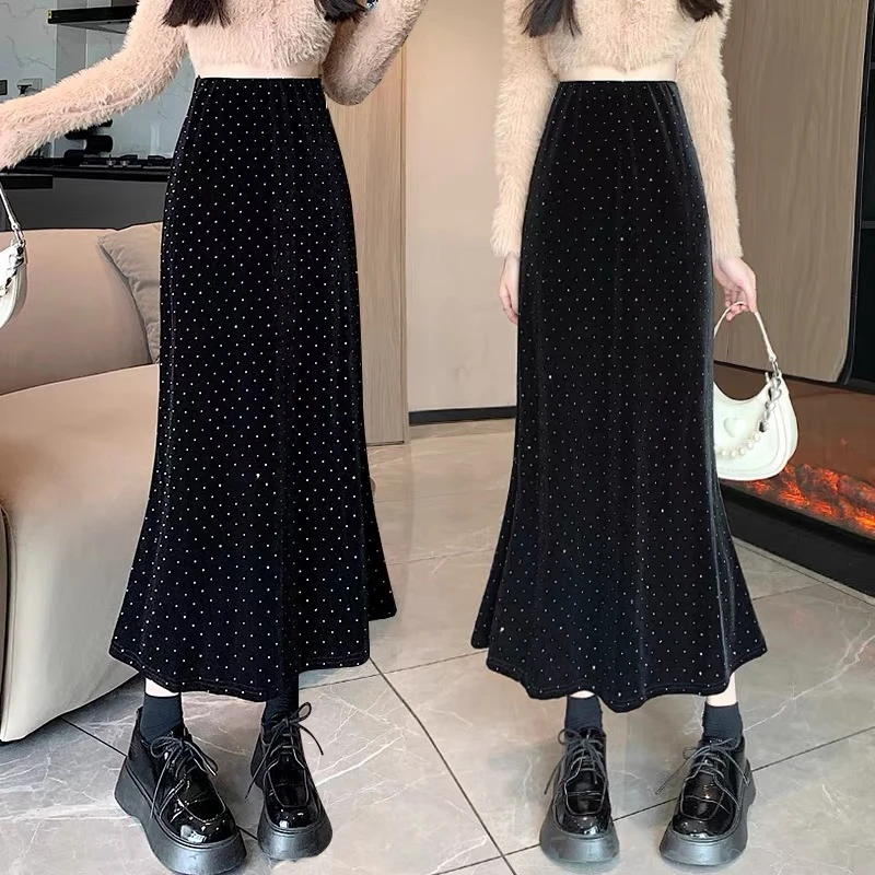 2025春季新款韩版垂感半身裙女丝绒包臀A字裙高腰显瘦烫钻鱼尾裙