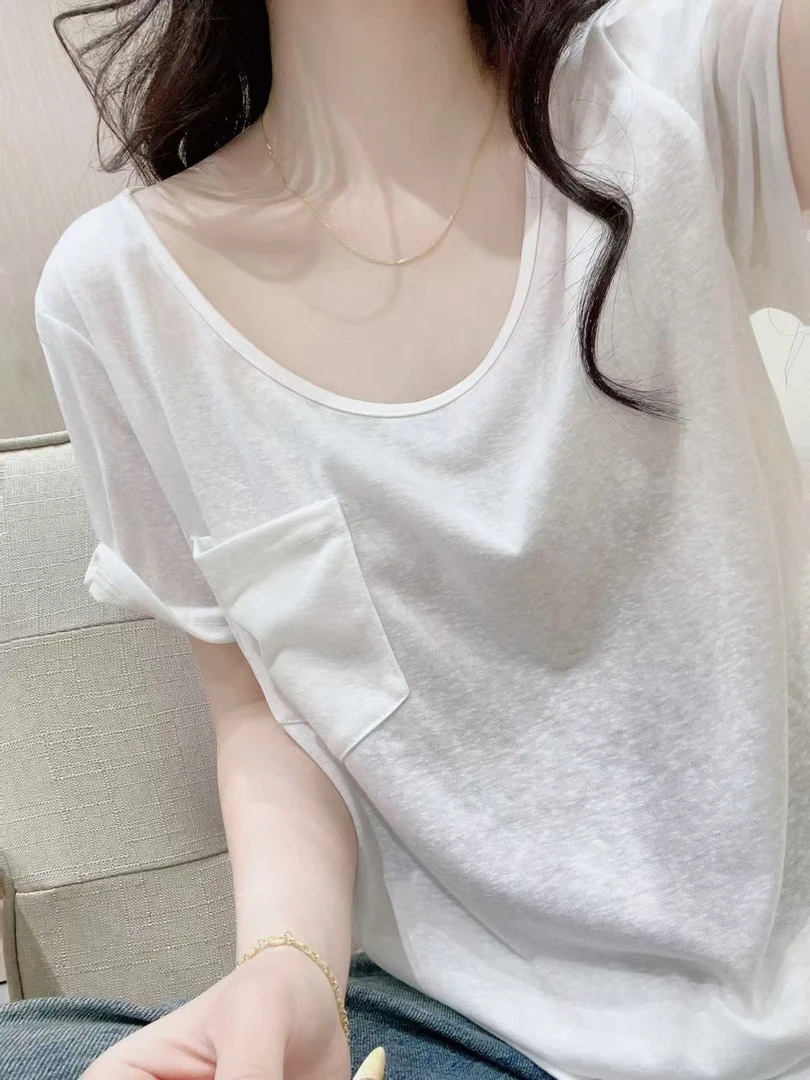 u领口袋多色亚麻短袖t恤设计感