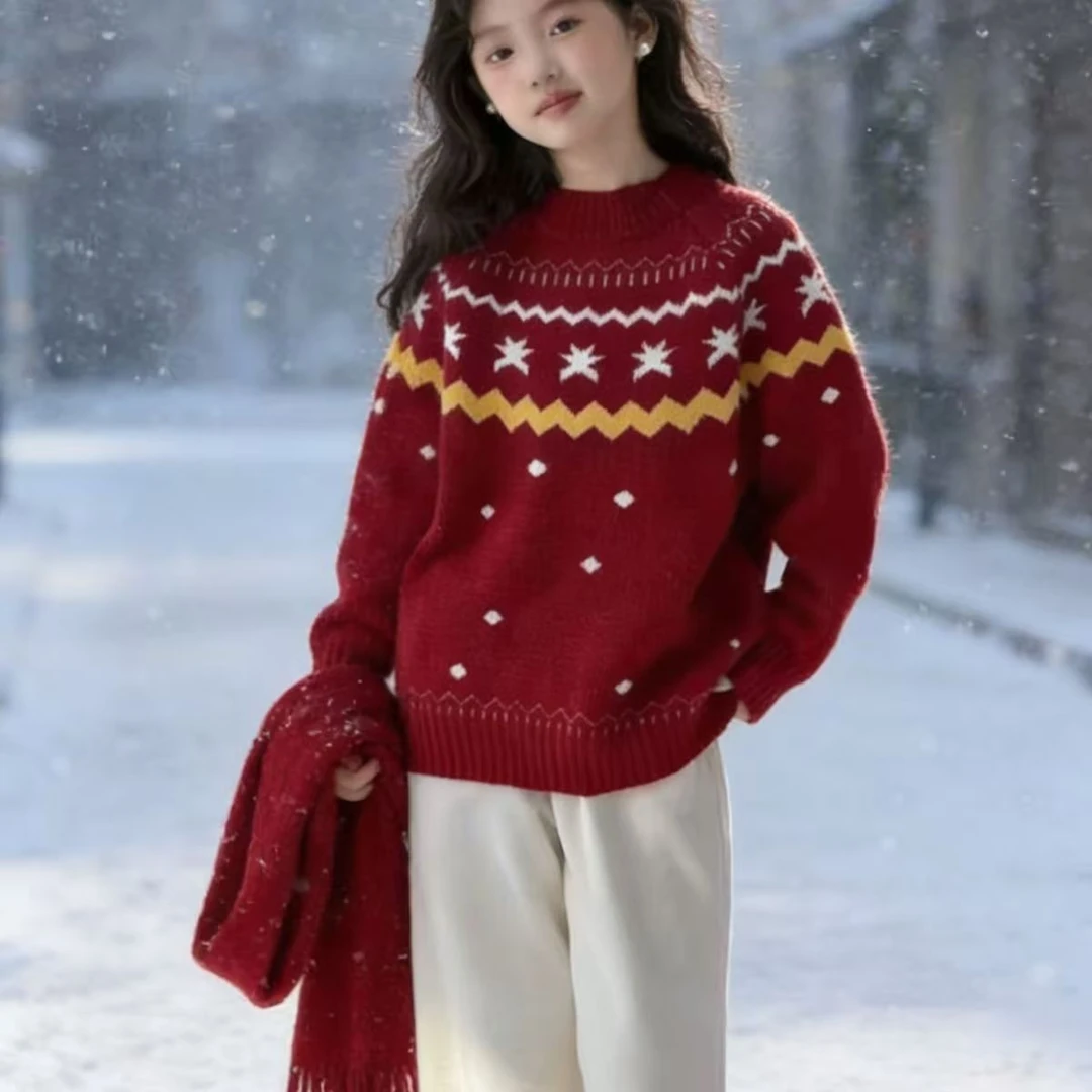 女童毛衣2025新款中大童圆领喜庆公主爆款套头加绒加厚儿童毛衣女