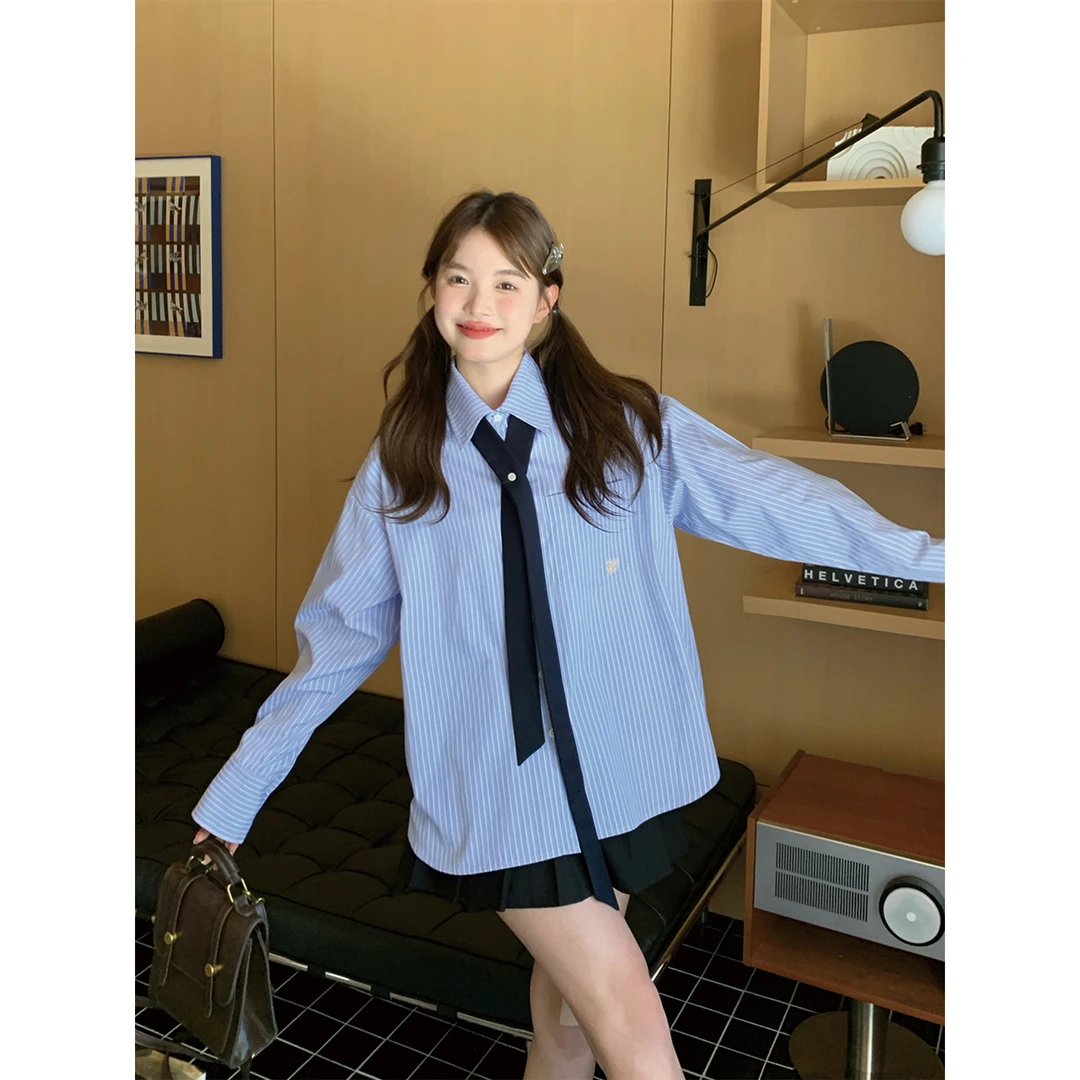 东京岁时记jk秋季新款蓝色条纹衬衫外套学院风交叉领带刺绣衬衣女