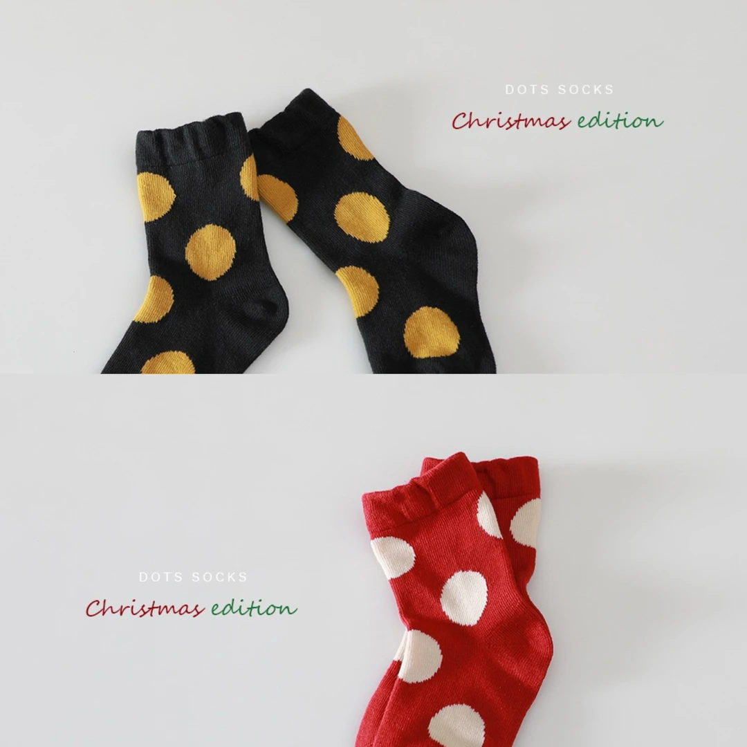 两双装 春秋儿童撞色圆点女童红色袜子短袜-大波点