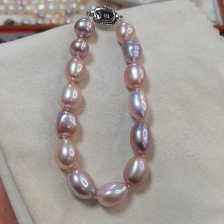 淡水珍珠手链合金淡水无核珍珠手链碎银子紫色8mm