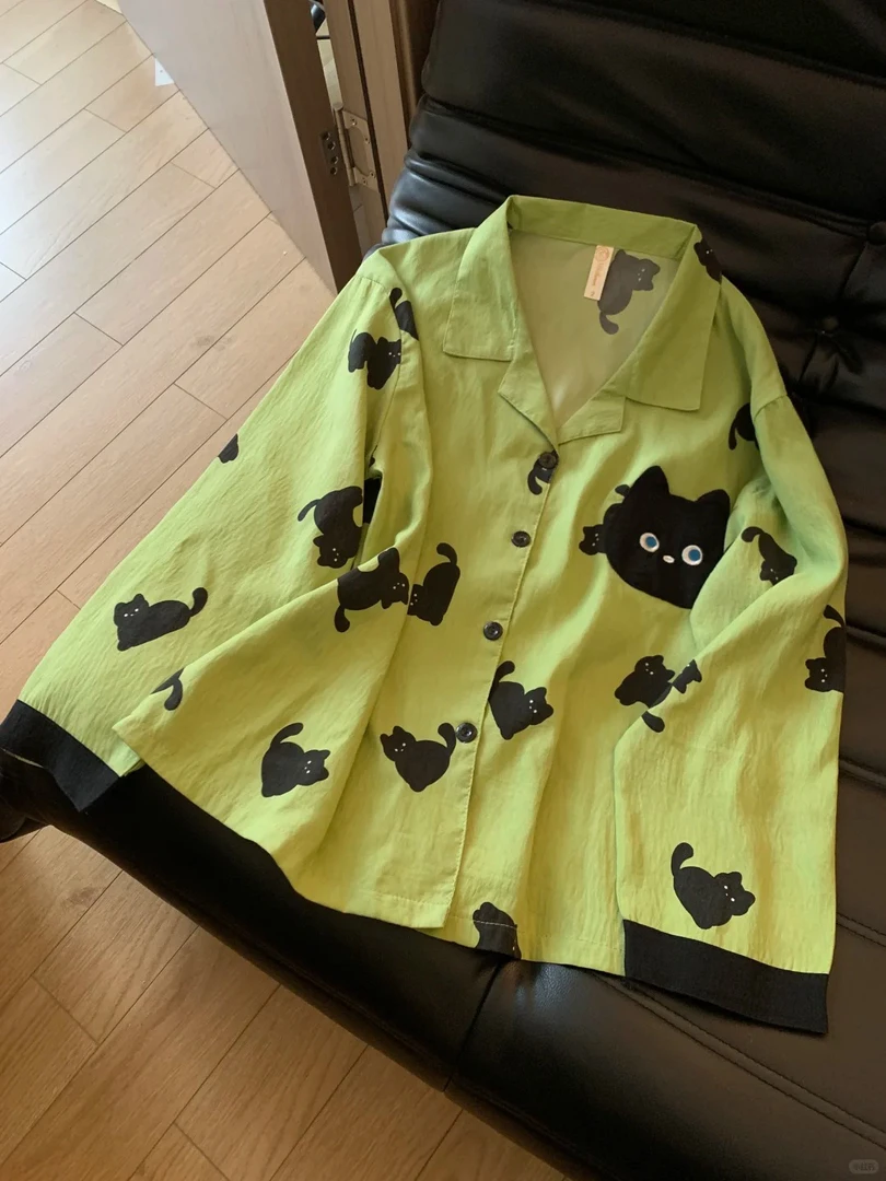 多巴胺猫咪绿色睡衣女春秋高级感少女可外穿家居服套装