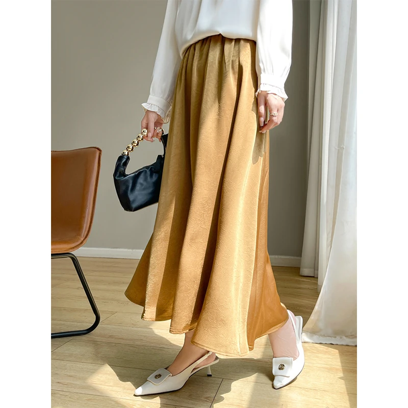 轻奢气质垂感a字裙女夏季高腰显瘦鎏光缎面飘逸暗纹半身裙长裙子
