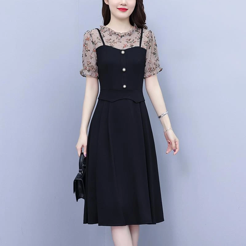 FAVMARTHA假两件碎花短袖连衣裙女2025夏季新款气质减龄遮肉显瘦