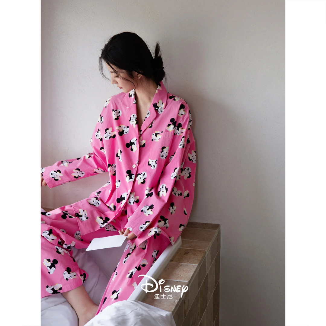 迪士尼睡衣女款春秋季时尚翻领长袖家居服甜美可爱少女柔软棉套装
