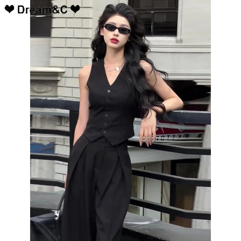 显瘦夏季女装新款高感时尚马甲今年纯阔腿裤法式+西装裤两件套