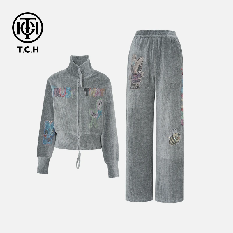 年终大促款TCH冬慵懒风烫钻时尚淑女气质灰色套装T75D07E5012