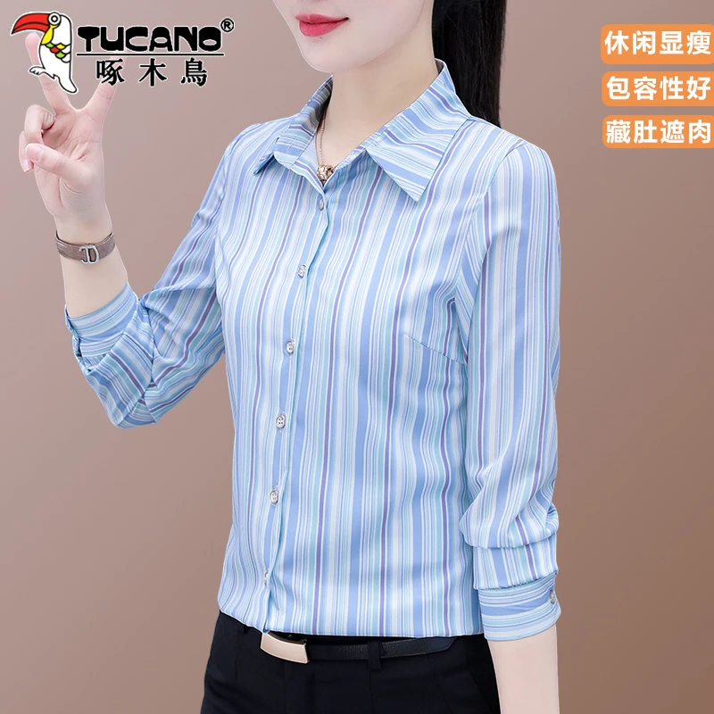 啄木鸟条纹衬衫女长袖2025春秋新款修身雪纺衬衣职业工装妈妈上衣